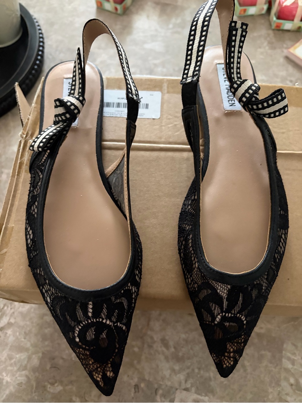 Steve Madden Black Lace Pointed Slingback Flats with Bow